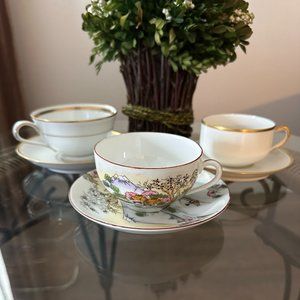 Tea Cup & Saucer Set"Lake Canoe Volcano Pagonda Scenery Japan",Limoges & Prince